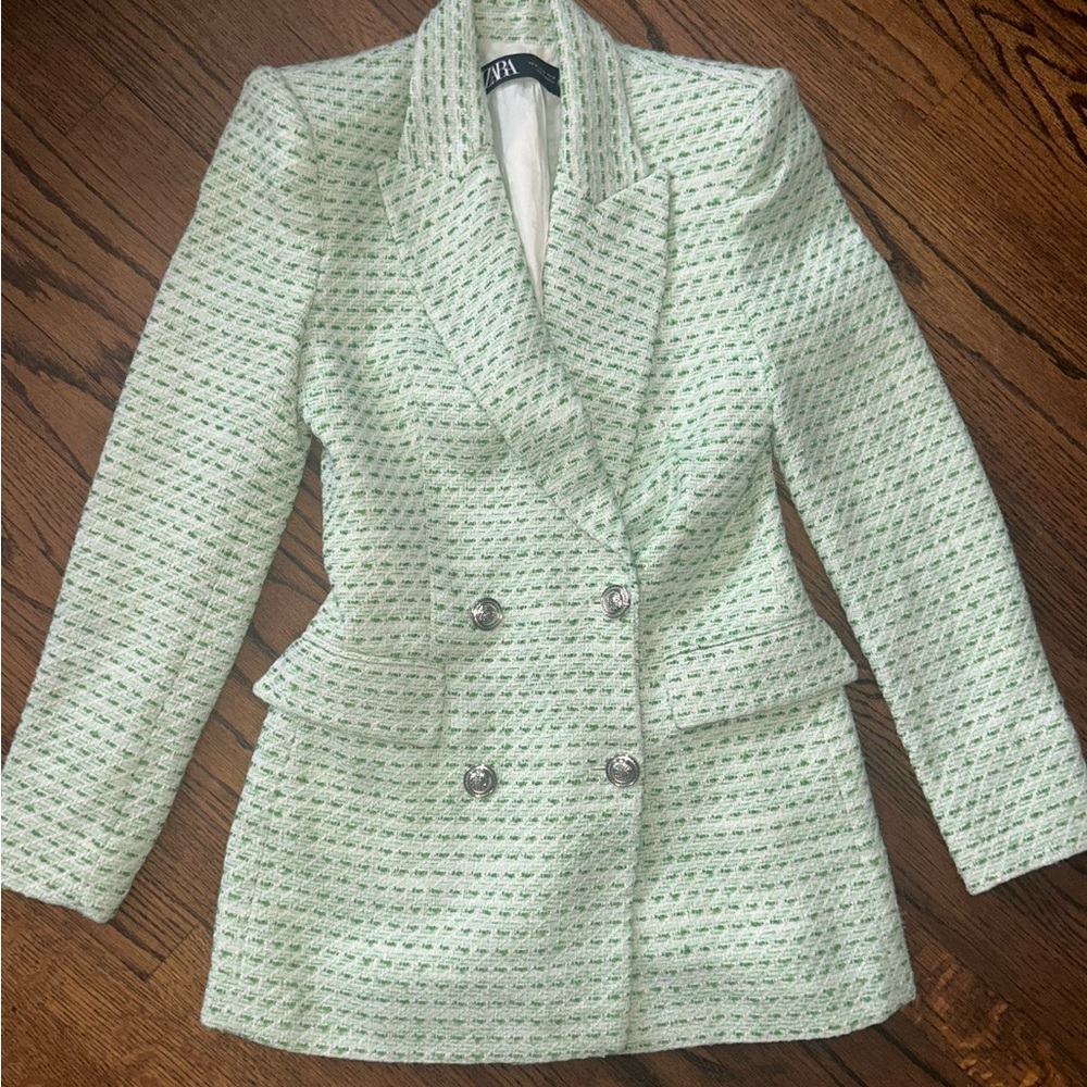 Zara Light Green Tweed Blazer with Metallic Buttons